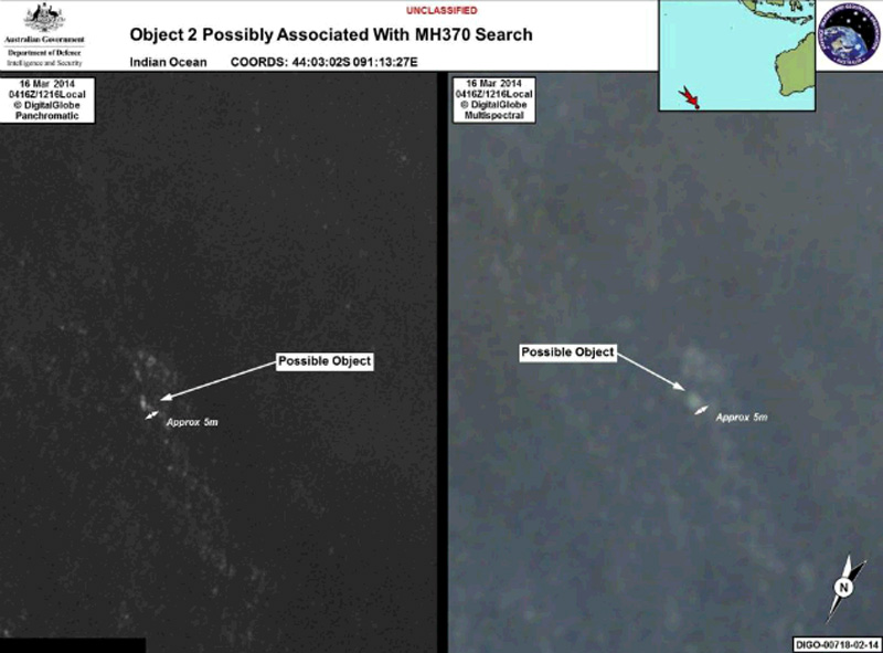 3月20日，澳大利亚海事安全局发布的在印度洋发现的意思马航客机碎片的卫星照。（澳大利亚广播公司网站截图）
