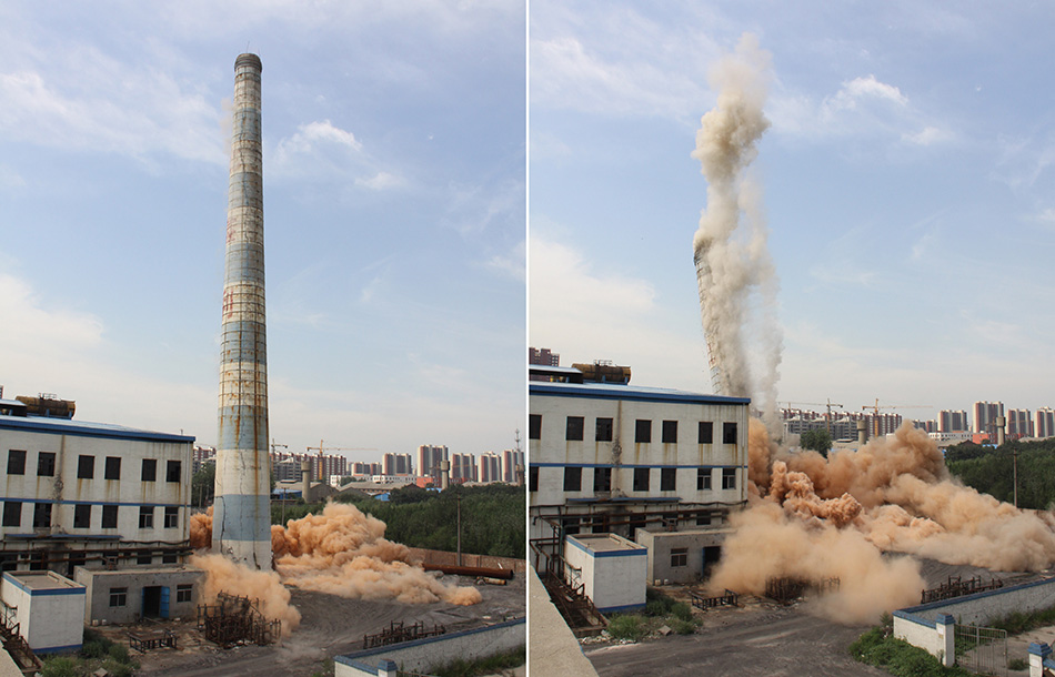河北沙河集中爆破拆除玻璃生产线烟囱