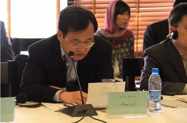 中国媒体代表人民日报社国际部主任吕岩松在中伊媒体对话会上发言.