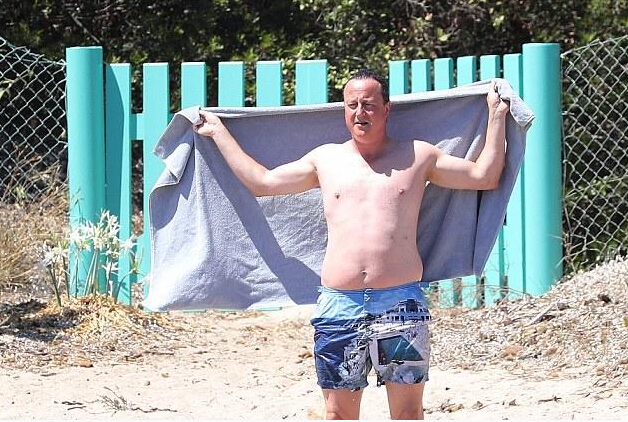 英国前首相卡梅伦和妻子萨曼莎飞往欧洲各大海岸享受太阳浴，据说这位前首相还被水母蛰了一下。卡梅伦穿着印花短裤、身披米老鼠图案浴巾的照片被传到网上，其穿衣品味受到了网友们的嘲讽。