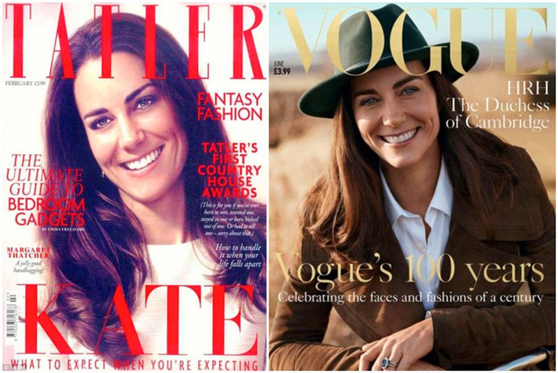 凯特王妃在与威廉王子结婚近一年后登上2012年2月的TATLER封面（左图），2016年为她《Vogue》杂志拍摄了封面照（右图）。