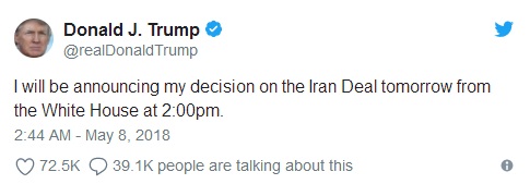 特朗普在推特上表示，即将宣布对伊核协议的决定。