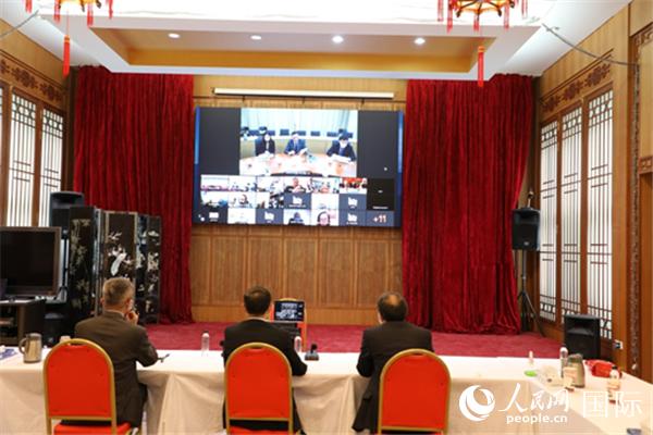 （视频会议中国驻埃及使馆分会场。 周輖摄）