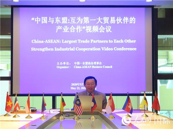 图为5月22日，中国―东盟商务理事会执行理事长许宁宁在“中国与东盟：互为第一大贸易伙伴的产业合作”视频会议上致辞。