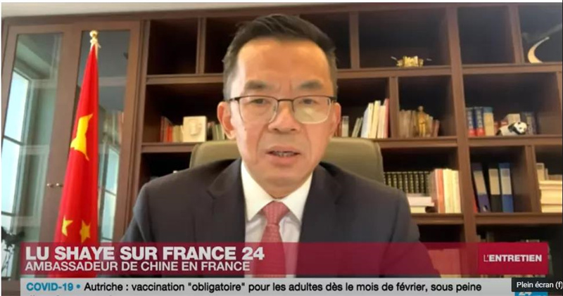 中国驻法大使卢沙野接受法兰西24电视台采访。视频截图