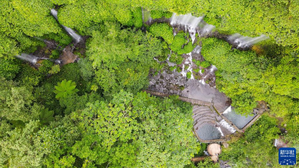这是3月19日拍摄的掩映在热带雨林中的印度尼西亚龙目岛贝南科兰布瀑布（无人机照片）。龙目岛位于印度尼西亚西努沙登加拉省，该岛西隔龙目海峡与巴厘岛相望，清澈的海水、整齐的农田、独特的热带雨林等景致使其成为理想的旅游目的地。新华社记者 徐钦 摄