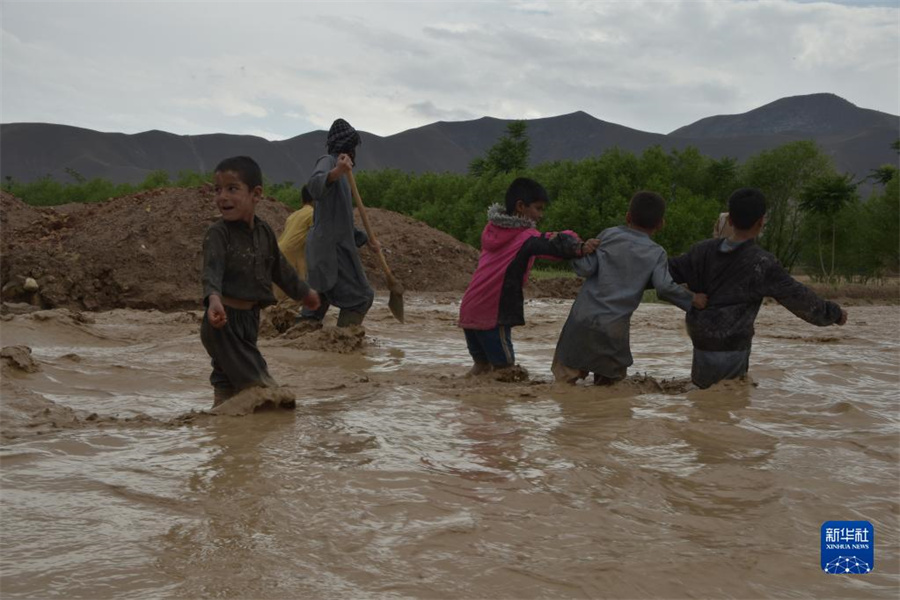 5月4日，在阿富汗巴格兰省，当地儿童涉水前行。阿富汗官员4日说，阿富汗10多个省近日因暴雨引发洪水灾害，造成20人丧生、30人受伤。新华社发（迈赫拉卜・易卜拉希米摄）