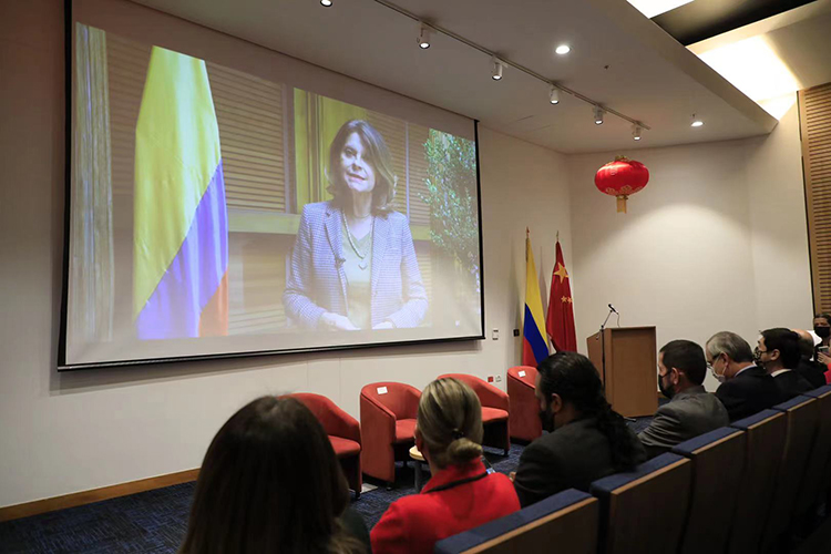 哥伦比亚副总统兼外长拉米雷斯通过视频致辞。中国驻哥伦比亚使馆供图