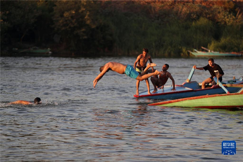 7月8日，在埃及盖卢比尤省，人们在尼罗河里戏水避暑。新华社发（艾哈迈德・戈马摄）