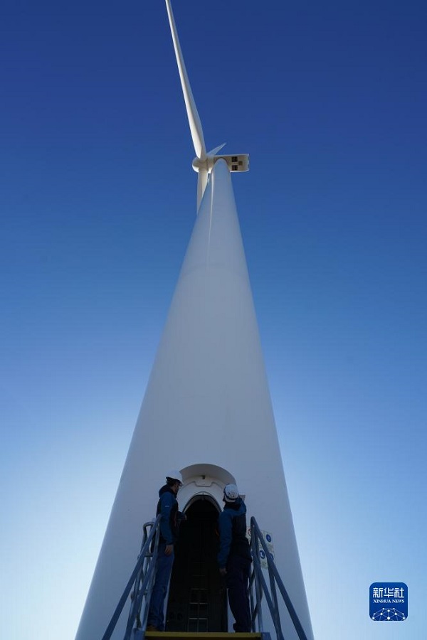 6月12日，在阿根廷丘布特省马德林港的罗马布兰卡一期风电场，风机运维人员检查设备运行状况。