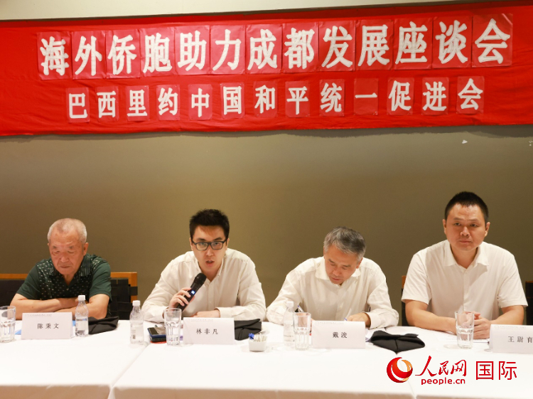 ブラジル・リオ中国平和統一促進会の林非凡会長（左から2人目）が座談会で発言した。人民網記者陳海琪撮影