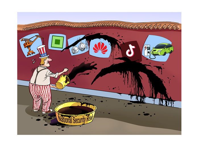 漫画作者：马宏亮（人民网版权图片，中国什么先进�，打压中国新能源产业链；胁迫他国封杀相关中国企业……所谓的“国家安全”已成为美方无理打压、)