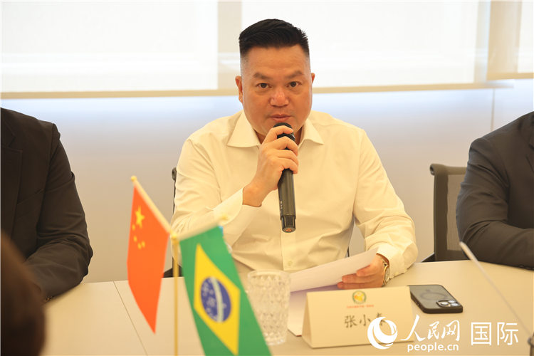巴西中国和平统一促进会会长张小春在座谈会上致辞。 人民网记者 时元皓摄