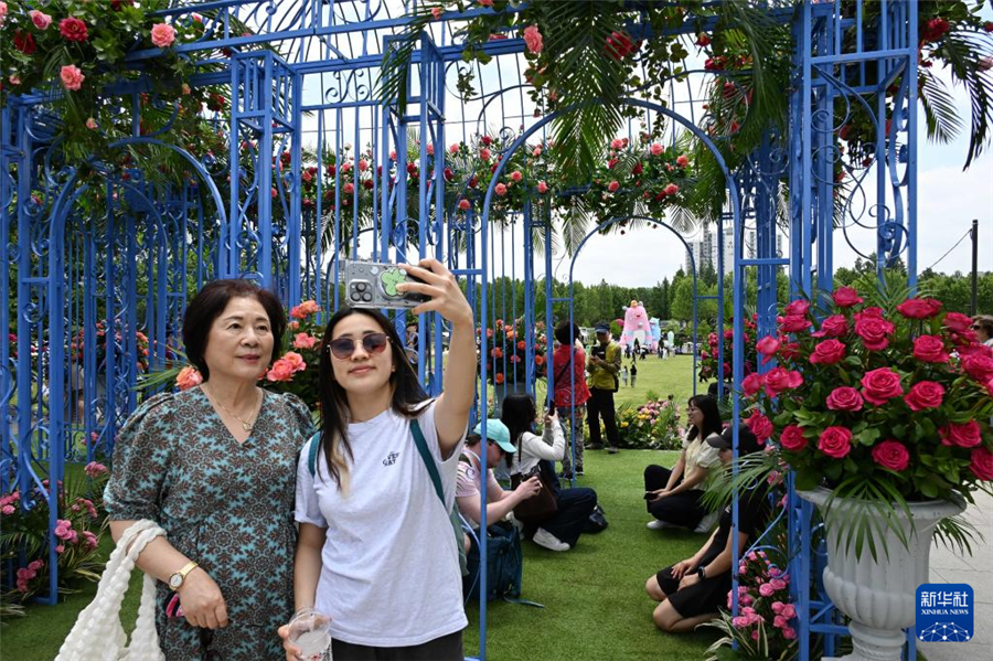 5月22日，在韩国首尔，游客与园艺作品合影。新华社发（全休相摄）