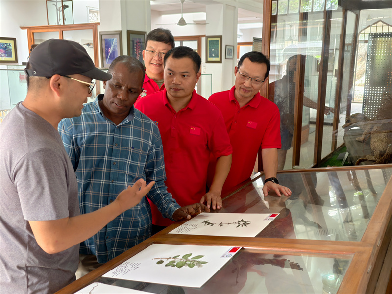 戴仕林教授（左）介绍所捐赠植物标本。中国援桑医疗队供图