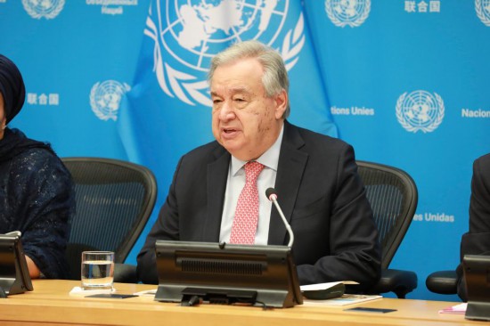   7月14日，联合国秘书长古特雷斯在位于纽约的联合国总部出席记者会。新华社记者谢锷摄