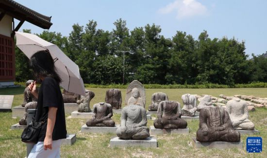 8月1日，游客在韩国庆州博物馆外参观新罗时代的石佛文物。新华社记者 姚琪琳 摄