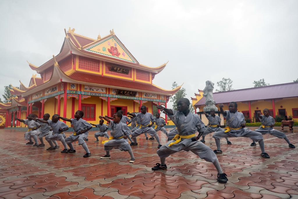 1月21日，在位于赞比亚首都卢萨卡市郊区的少林寺文化中心，学员练习中国功夫。