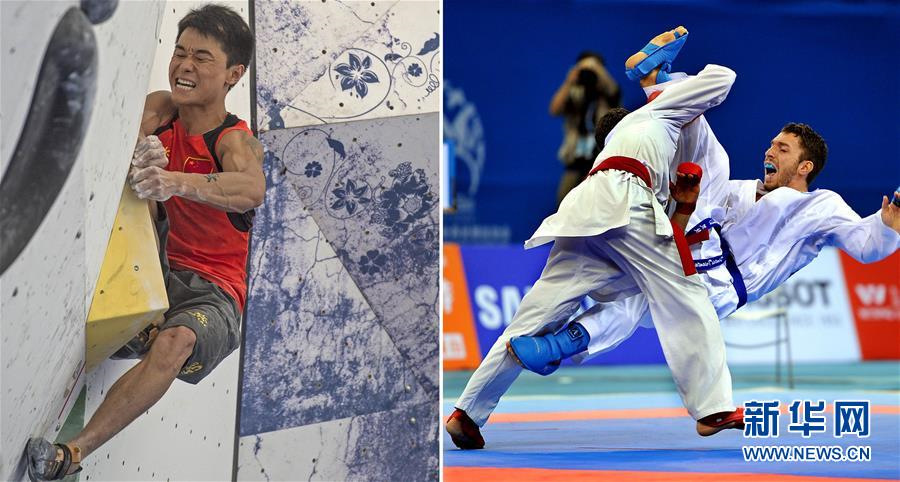 左图为2015年6月20日,中国选手王清华在2015国际攀联世界杯攀岩赛中