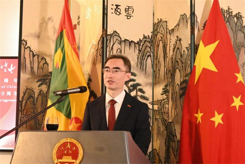 中国驻格林纳达大使杨舒在招待会上致辞。 中国驻格林纳达大使馆供图