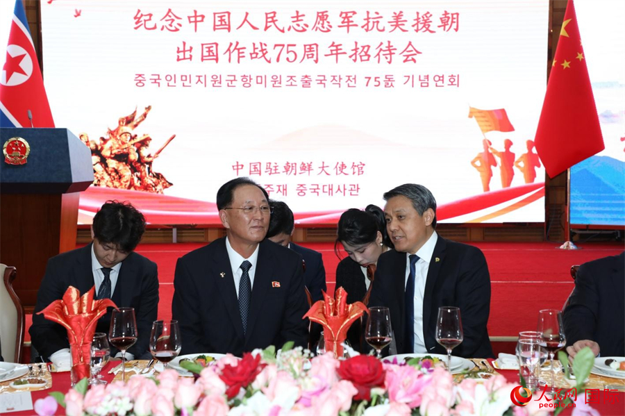 图为王亚军大使与努光铁大将在招待会期间亲切交谈。人民网记者 刘融摄