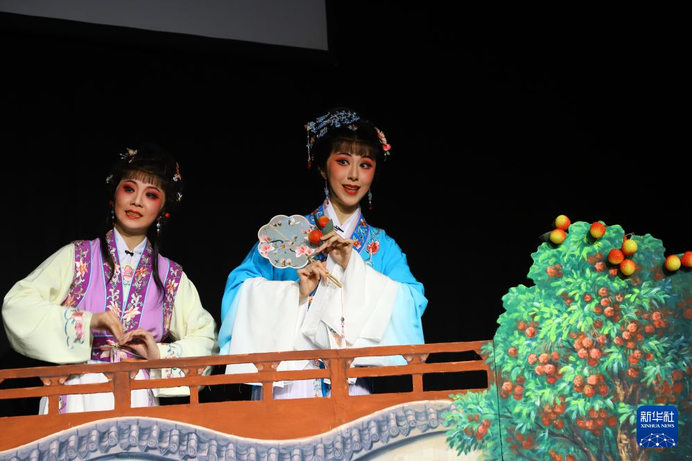8月18日，在德国杜塞尔多夫国会剧场，厦门市金莲陞高甲剧团演员表演高甲戏经典剧目《陈三五娘·荔镜缘》。 新华社记者 刘向 摄