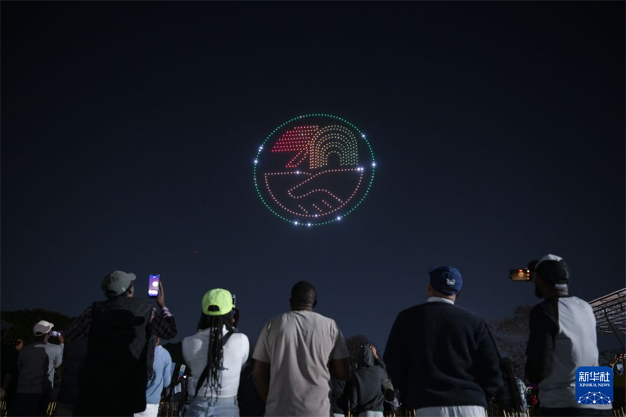 8月29日，在赞比亚首都卢萨卡，无人机群在空中展现2026年“中非人文交流年”徽标。新华社记者 杨光 摄