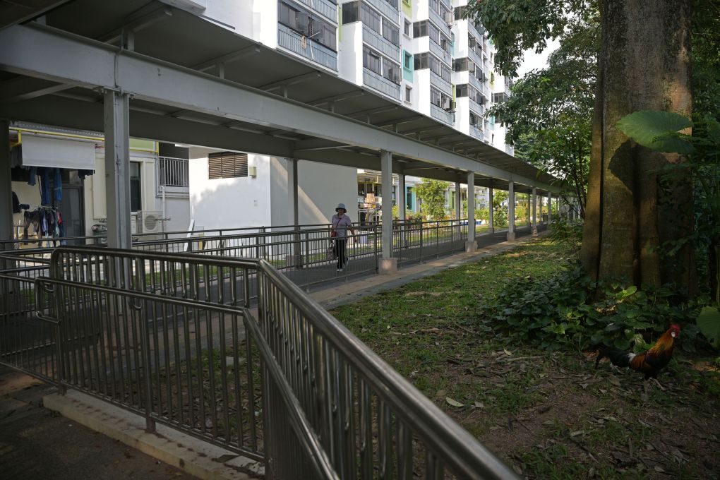 9月2日,一名行人走过新加坡公共住房组屋社区的带顶步道。新华社发(邓智炜摄)
