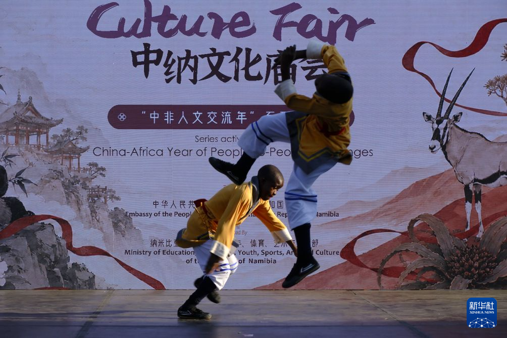 9月8日,来自纳米比亚当地中学的孩子们在温得和克举行的“中纳文化庙会”上表演中国功夫。新华社发(穆萨·卡塞凯摄摄)