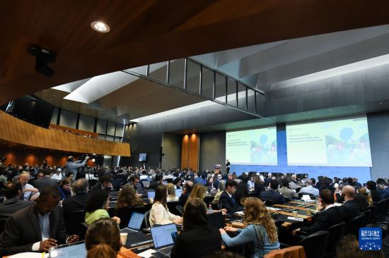 9月17日，在瑞士日内瓦世贸组织总部，参会者聆听《2025世界贸易报告》发布会报告。新华社记者 连漪 摄
