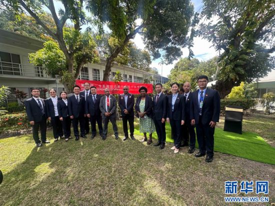 莫尔兹比港，2025年10月15日，第14批、第15批中国援巴布亚新几内亚医疗队在莫尔兹比港总医院举行交接仪式，并与巴新卫生部副秘书多拉·兰图鲁特（右五）、莫港总院CEO帕基·莫鲁米（右七）、莫港总院医务处处长索比·科内（右六）合影。易若曈 摄