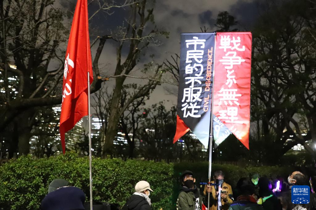 3月10日,在位于东京的日本国会门前,民众手持标语参加抗议活动。新华社记者 李子越 摄